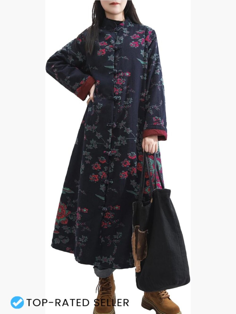Boho Floral Trench Coat Chinese Frog Buttons Loose Fit Cotton Linen Long Jacket